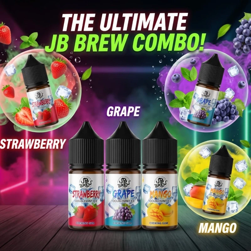 JB Brew ultimate combo set of three salt nicotine e-liquid bottles in strawberry, grape, and mango flavors with ice cubes and mint leaves