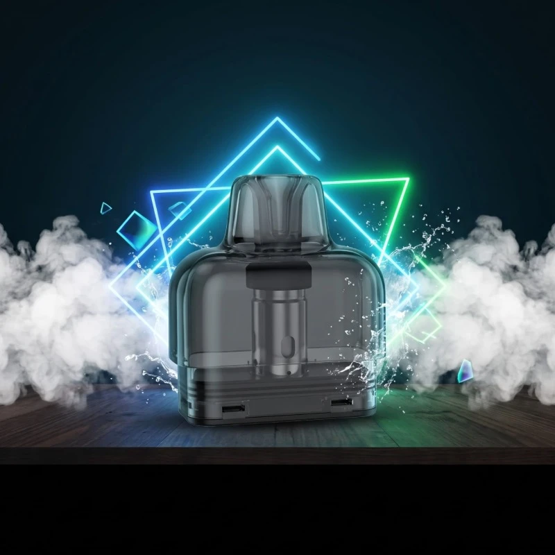 Translucent dark replacement vape pod cartridge with internal metal coil chamber on wooden surface