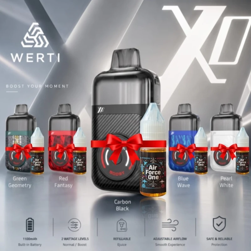 WERTI XO refillable pod system vape kit with digital display available in Carbon Black, Green Geometry, Red Fantasy, Blue Wave, and Pearl White colors