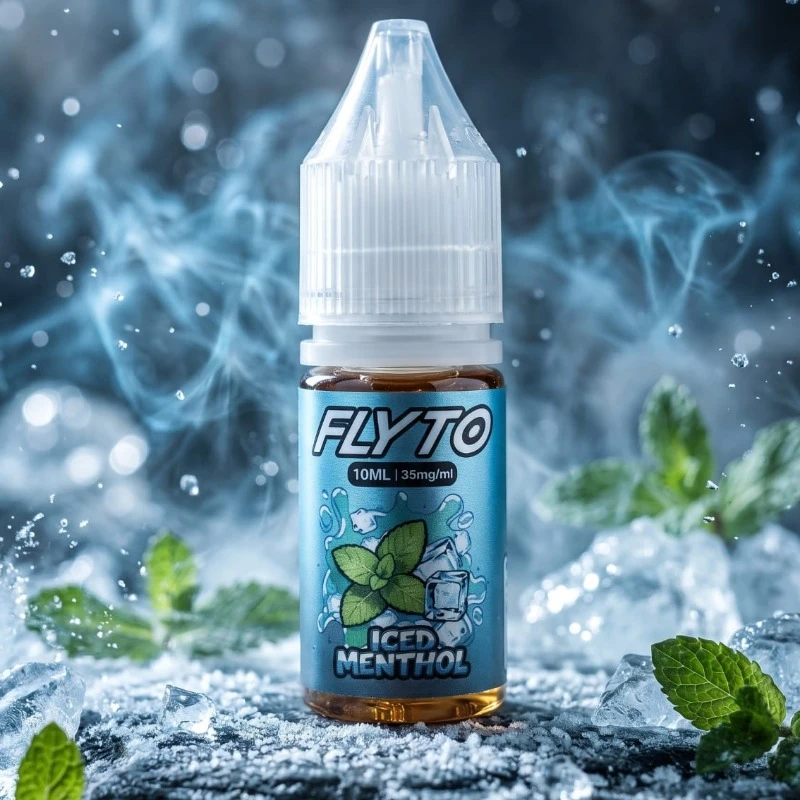 FLY TO Iced Menthol 10ml salt nicotine e-liquid bottle placed on ice cubes with fresh mint leaves
