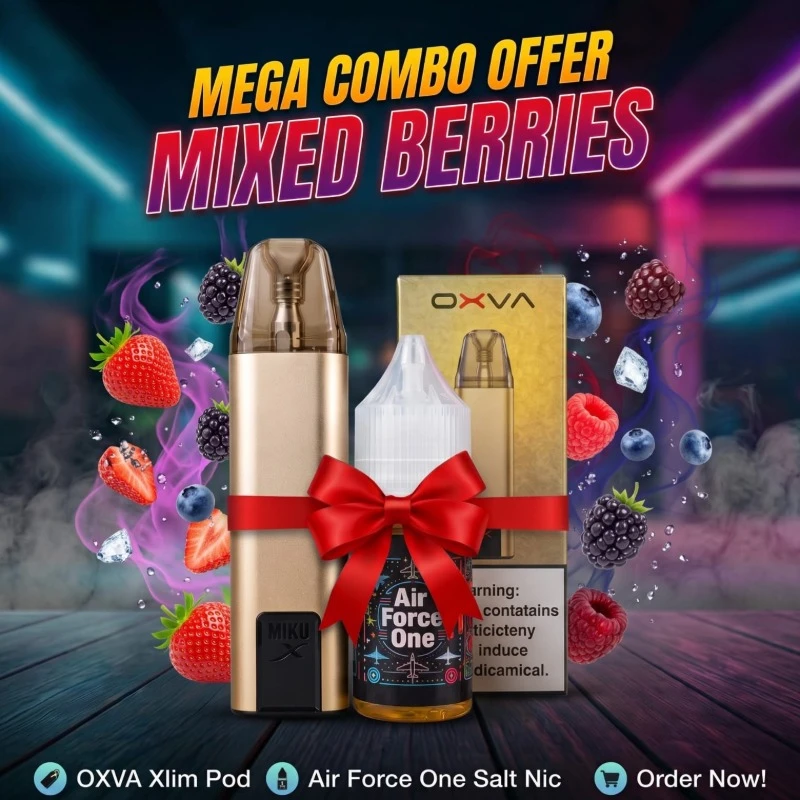 OXVA Xlim pod devices in gold silver green with Air Force One Mixed Berries salt nic e-liquid bottle tied with red ribbon