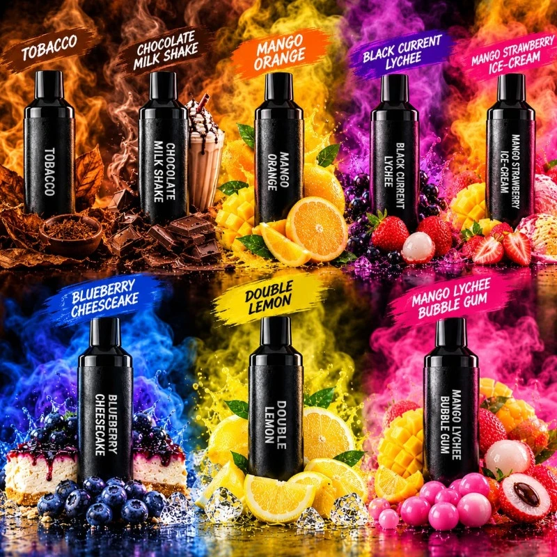 Sleek black Blueberry Raspberry Lemon 10000 puffs disposable vape device by Likzomart surrounded by ice, lemons, blueberries, and raspberries