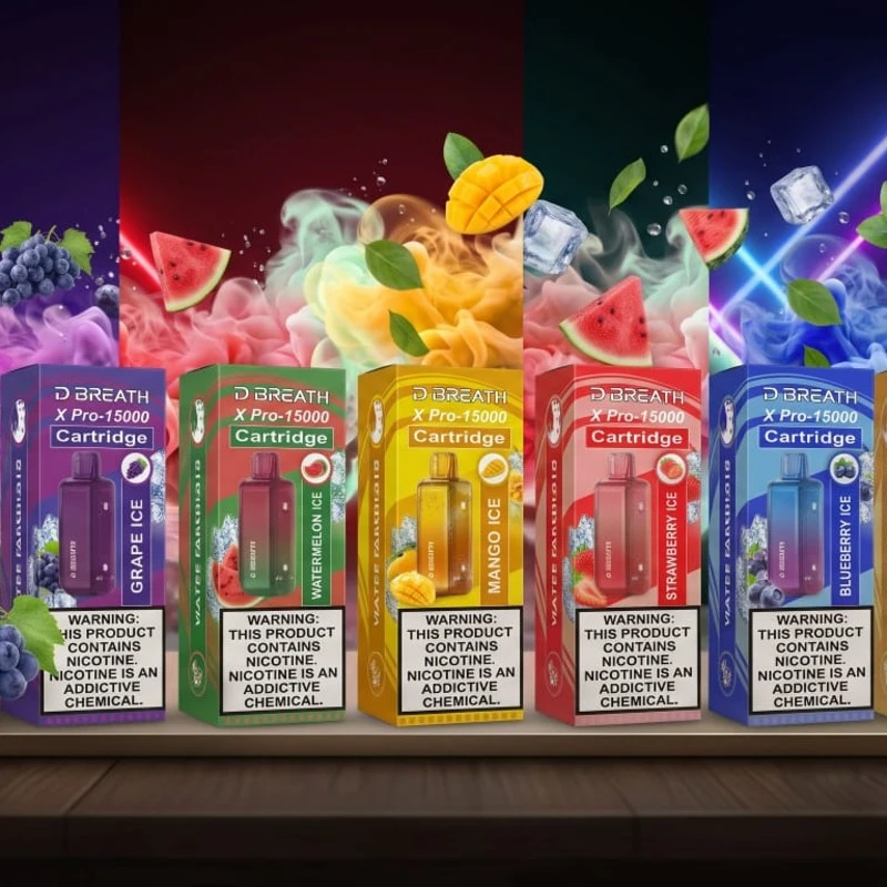 D BREATH X Pro-15000 replacement vape cartridges and flavor boxes lineup including Sour Apple Grape Ice Watermelon Ice Mango Ice Strawberry Ice Blueberry Ice and Vanilla Ice-Cream at Likzomar