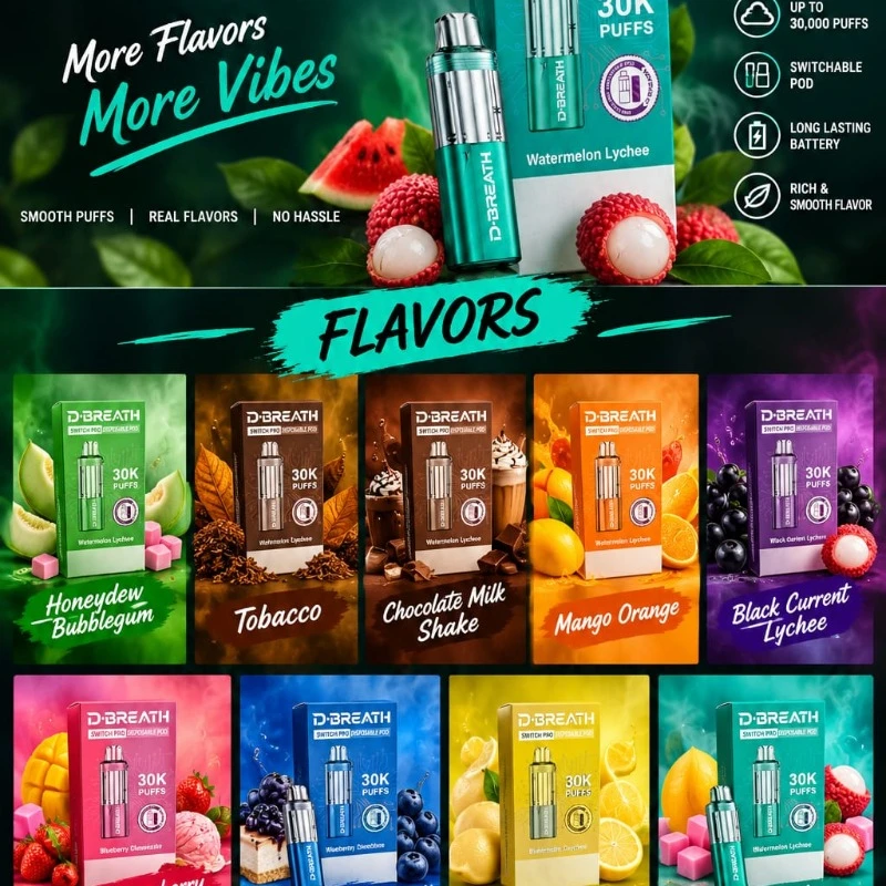 D-BREATH SWITCH PRO 30K puffs disposable pod device with multiple flavor options displayed at Likzomart