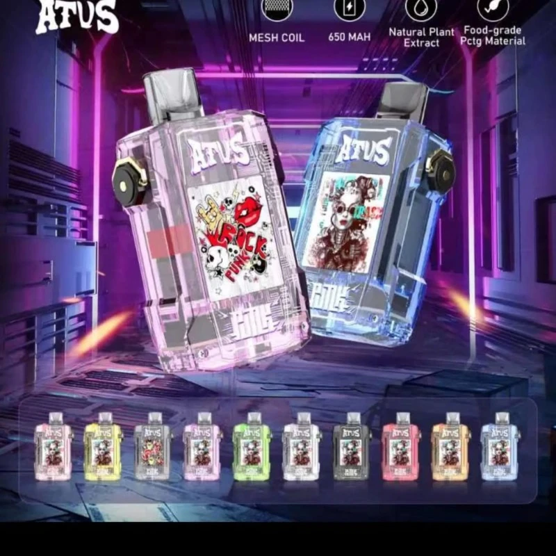 ATUS transparent cyberpunk pod system vape kit with 650mAh battery and mesh coil technology displayed in multiple color variants at Likzomart