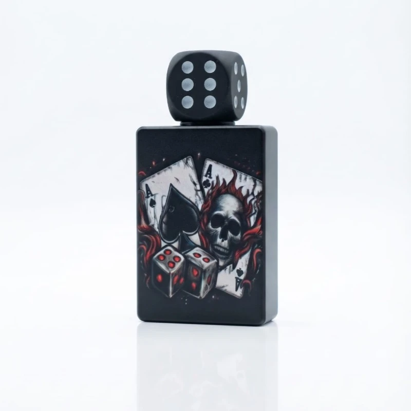 Matte black skull, cards and dice themed gas lighter with 3D dice cap on white background displayed at Likzomart
