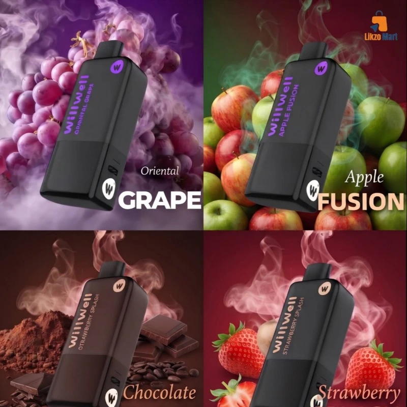 Willwell disposable vaping device lineup featuring Oriental Grape, Apple Fusion, Chocolate Milkshake, and Strawberry Splash flavors displayed at Likzomart