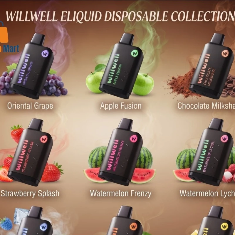 Willwell eliquid disposable vaping collection lineup featuring Oriental Grape, Apple Fusion, Chocolate Milkshake, Strawberry Splash, Watermelon Frenzy, Watermelon Lychee, Blue Razz Ice, Mango Tango, and Lemon Tart displayed at Likzomart