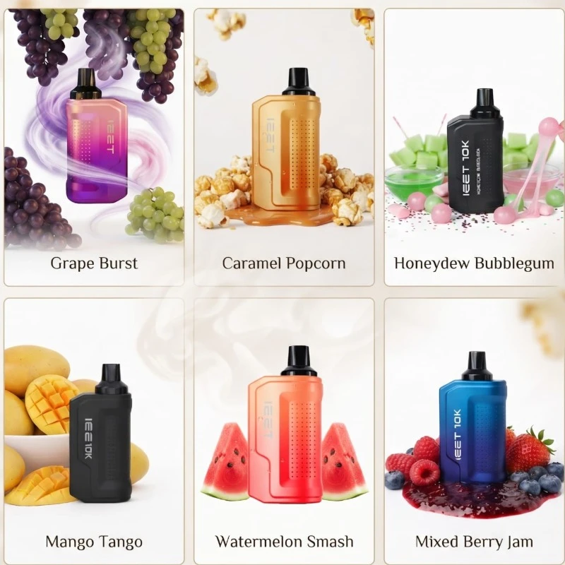 IEET 10K disposable vape collection lineup featuring Grape Burst, Caramel Popcorn, Honeydew Bubblegum, Mango Tango, Watermelon Smash, and Mixed Berry Jam displayed at Likzomart