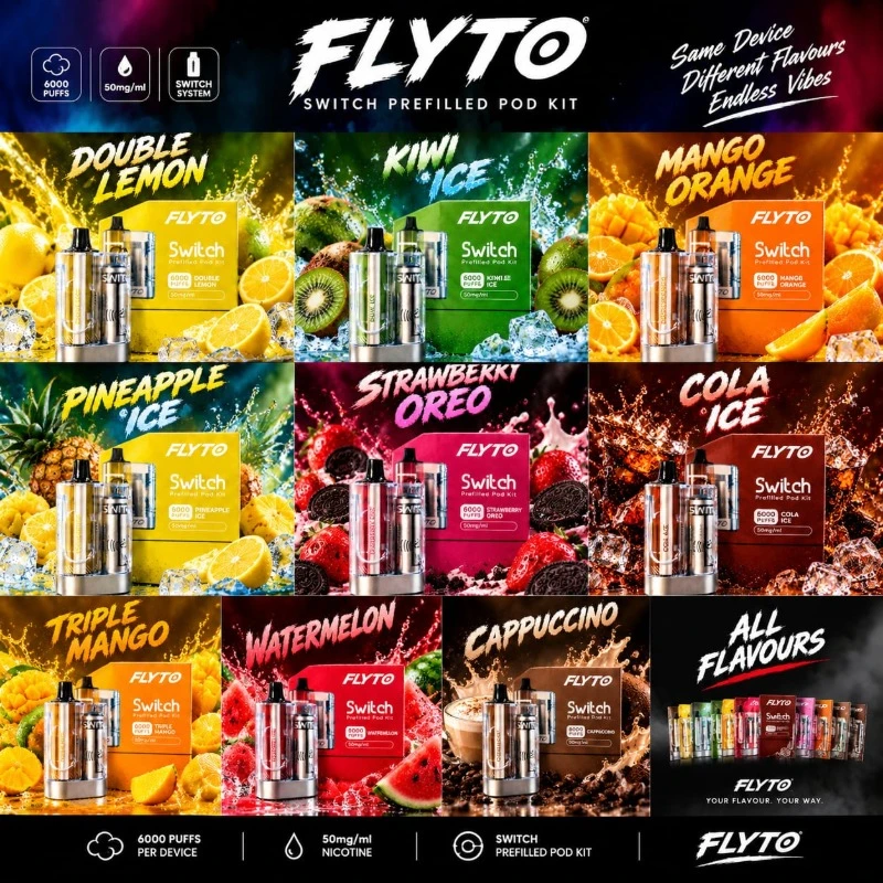 FLYTO Switch prefilled pod kit 6000 puffs lineup featuring Double Lemon, Kiwi Ice, Mango Orange, Pineapple Ice, Strawberry Oreo, Cola Ice, Triple Mango, Watermelon, and Cappuccino displayed at Likzomart