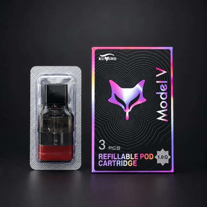 KUMIHO Model V 1.0ohm refillable pod cartridge in blister packaging alongside 3 PCS retail box displayed at Likzomart